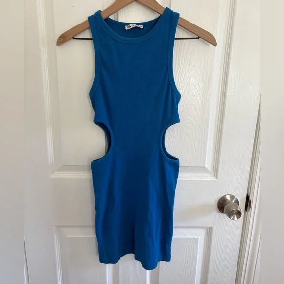 Zara Ribbed Cut Out Blue Mini Dress - Picture 2 of 8